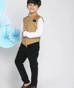 Vastramay Boys Brown Solid Slim-Fit Satin Nehru Jacket