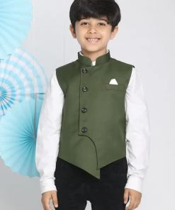 JBN Creation Dark Green Cotton Blend Twill Nehru Jacket Boys