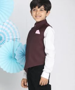 Vastramay Boys Maroon Solid Satin Nehru Jacket