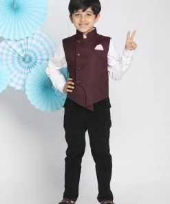 Vastramay Boys Maroon Solid Satin Nehru Jacket