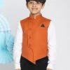 Vastramay Boys Orange Solid Satin Nehru Jacket