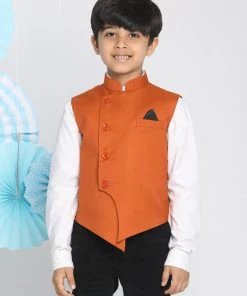 Vastramay Boys Orange Solid Satin Nehru Jacket