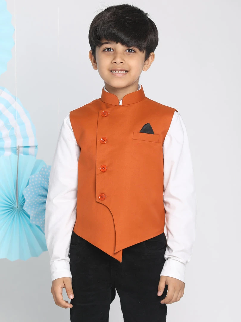 Vastramay Boys Orange Solid Satin Nehru Jacket 3 Vastramay Boys Orange Solid Satin Nehru Jacket