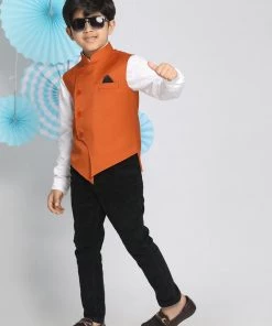 Vastramay Boys Orange Solid Satin Nehru Jacket 13 Vastramay Boys Orange Solid Satin Nehru Jacket