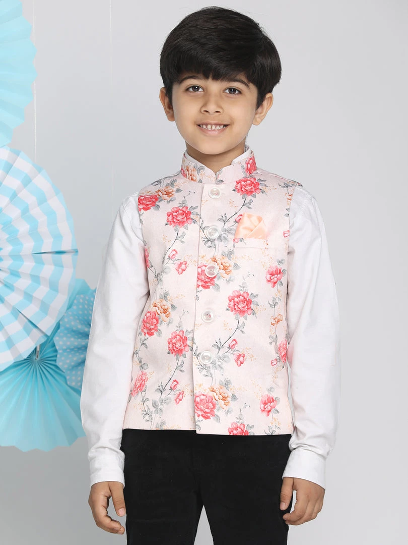 VASTRAMAY Boys Multicolor-Base-Peach Floral Printed Nehru Jacket 3 VASTRAMAY Boys Multicolor-Base-Peach Floral Printed Nehru Jacket