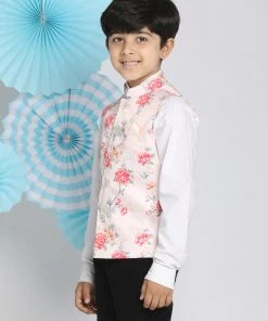 Vastramay Multicolor-Base-Peach Floral Printed Baap Beta Ethnic Jacket Set 18 Vastramay Multicolor-Base-Peach Floral Printed Baap Beta Ethnic Jacket Set