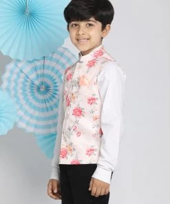 VASTRAMAY Boys Multicolor-Base-Peach Floral Printed Nehru Jacket 9 VASTRAMAY Boys Multicolor-Base-Peach Floral Printed Nehru Jacket