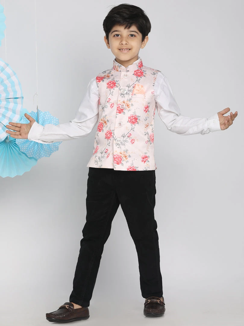 VASTRAMAY Boys Multicolor-Base-Peach Floral Printed Nehru Jacket 7 VASTRAMAY Boys Multicolor-Base-Peach Floral Printed Nehru Jacket
