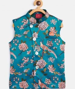 Vastramay Boys Turquoise Blue & Green Printed Nehru Jacket