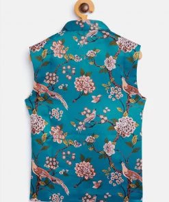 Vastramay Boys Turquoise Blue & Green Printed Nehru Jacket