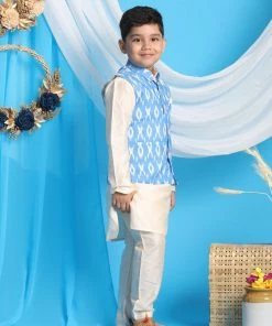 Vastramay Aqua Blue Traditional Ikkat Print Siblings Set 14 Vastramay Aqua Blue Traditional Ikkat Print Siblings Set