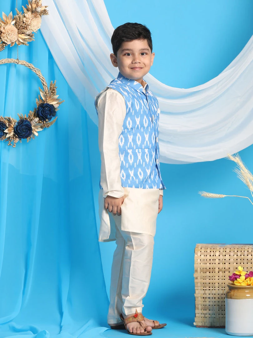 Vastramay Aqua Blue Traditional Ikkat Print Siblings Set 8 Vastramay Aqua Blue Traditional Ikkat Print Siblings Set