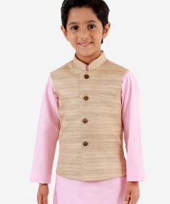 Boys VASTRAMAY Beige Matka Silk Blend Nehru Jacket