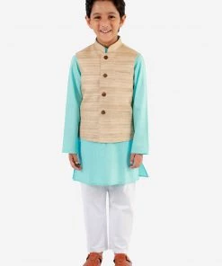 Vastramay Boys Beige, Aqua And White Jacket, Kurta And Pyjama Set