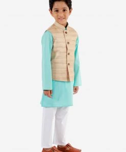 Vastramay Boys Beige, Aqua And White Jacket, Kurta And Pyjama Set