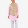 Vastramay Boys Beige, Pink And White Jacket, Kurta And Pyjama Set