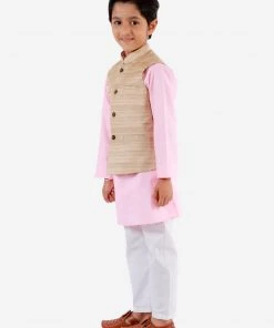 Vastramay Boys Beige, Pink And White Jacket, Kurta And Pyjama Set