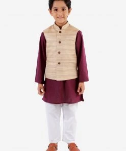 Vastramay Boys Beige, Purple And White Jacket, Kurta And Pyjama Set