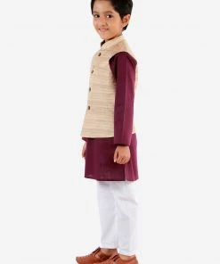 Vastramay Boys Beige, Purple And White Jacket, Kurta And Pyjama Set