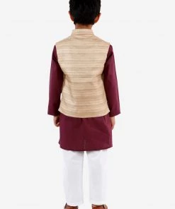 Vastramay Boys Beige, Purple And White Jacket, Kurta And Pyjama Set