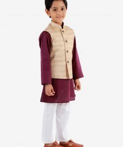 Vastramay Boys Beige, Purple And White Jacket, Kurta And Pyjama Set