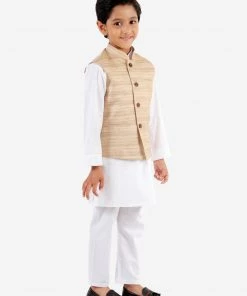 Vastramay Boys Beige And White Jacket, Kurta And Pyjama Set