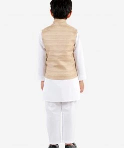Vastramay Beige Cotton Silk Nehru Jacket & White Kurta Pyjama Baap Beta Set