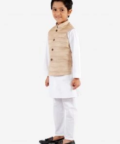 Vastramay Boys Beige And White Jacket, Kurta And Pyjama Set