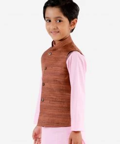 VASTRAMAY Boys Coffee Brown Matka Silk Blend Nehru Jacket