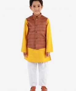 Vastramay Boys Coffee Brown, Mustard And White Jacket, Kurta And Pyjama Set