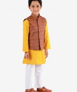 Vastramay Brown, Mustard And White Baap Beta Nehru Jacket Kurta Pyjama Set