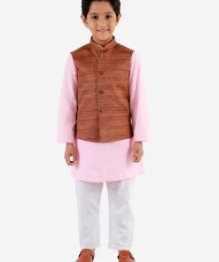 Vastramay Boys Coffee Brown, Pink And White Jacket, Kurta And Pyjama Set