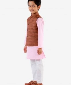Vastramay Boys Coffee Brown, Pink And White Jacket, Kurta And Pyjama Set
