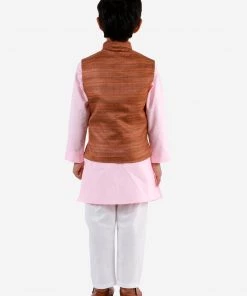Vastramay Boys Coffee Brown, Pink And White Jacket, Kurta And Pyjama Set