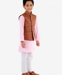 Vastramay Brown, Pink And White Baap Beta Nehru Jacket Kurta Pyjama Set