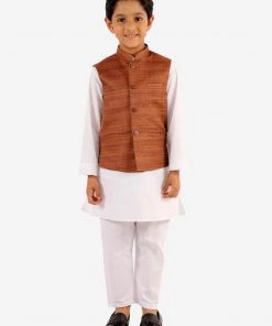 Vastramay Boys Coffee Brown And White Jacket, Kurta And Pyjama Set