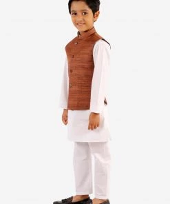 Vastramay Boys Coffee Brown And White Jacket, Kurta And Pyjama Set