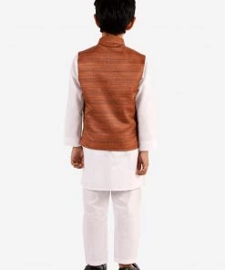 Vastramay Brown Nehru Jacket And White Kurta Pyjama Baap Beta Set