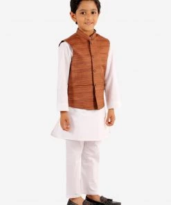 Vastramay Boys Coffee Brown And White Jacket, Kurta And Pyjama Set