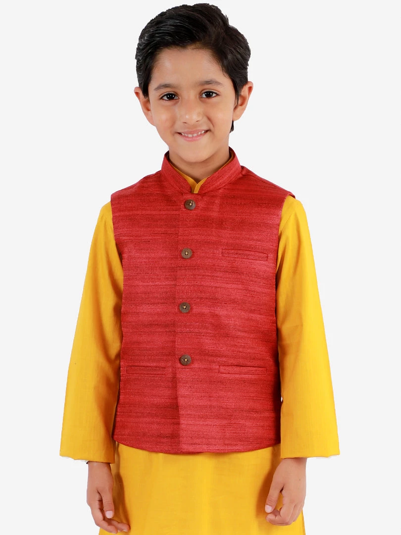 VASTRAMAY Boys Maroon Matka Silk Blend Nehru Jacket 3 VASTRAMAY Boys Maroon Matka Silk Blend Nehru Jacket