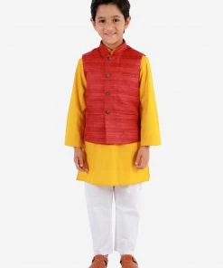 Vastramay Boys Maroon, Mustard And White Jacket, Kurta And Pyjama Set