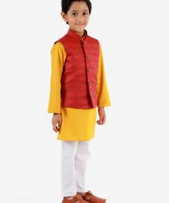 Vastramay Boys Maroon, Mustard And White Jacket, Kurta And Pyjama Set