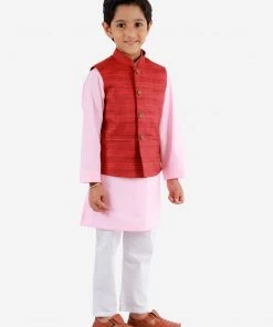 Vastramay Maroon, Pink And White Baap Beta Nehru Jacket Kurta Pyjama Set 12 Vastramay Maroon, Pink And White Baap Beta Nehru Jacket Kurta Pyjama Set