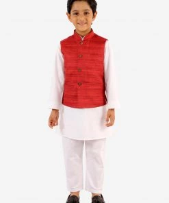 Vastramay Boys' Maroon And White Jacket, Kurta And Pyjama Set