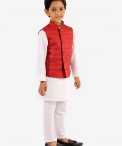 Vastramay Boys' Maroon And White Jacket, Kurta And Pyjama Set
