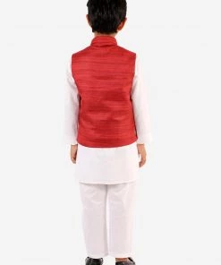 Vastramay Boys' Maroon And White Jacket, Kurta And Pyjama Set