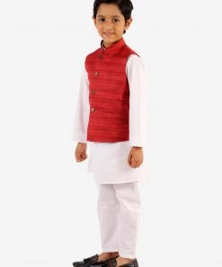 Vastramay Boys' Maroon And White Jacket, Kurta And Pyjama Set