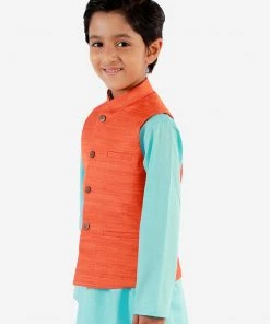 VASTRAMAY Boys Orange Matka Silk Blend Nehru Jacket