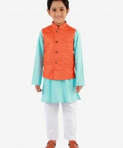 Vastramay Boys Orange, Aqua And White Jacket, Kurta And Pyjama Set