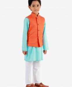 Vastramay Boys Orange, Aqua And White Jacket, Kurta And Pyjama Set